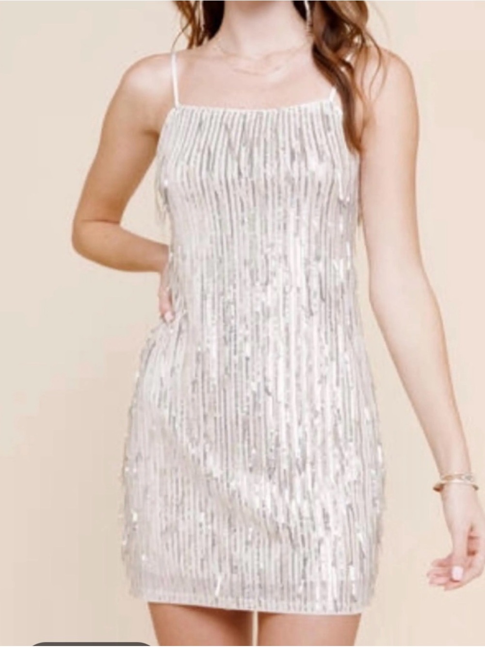 Francesca's Collections Champagne Sequin Fringe Mini Dress